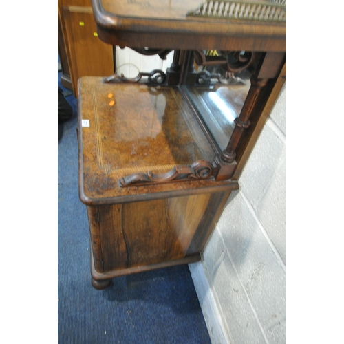 271 - A VICTORIAN BURR WALNUT CABINET, with a brass gallery, mirror plate, above double glass doors, raise... 