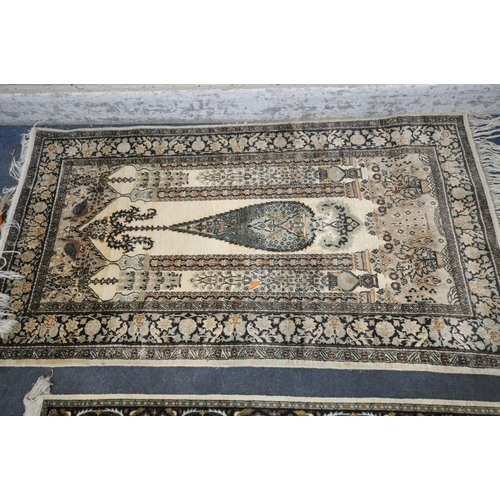 276 - A SYNTHETIC SILK RECTANGULAR RUG, with intricate patterns, and a multi-strap border, 157cm x 87cm, a... 