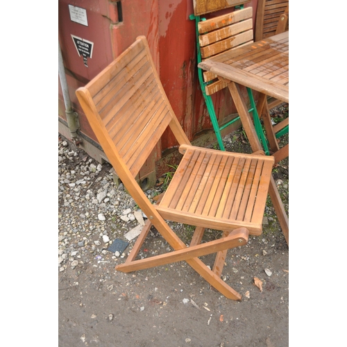 3 - A SELECTION OF FOLDING HARDWOOD GARDEN FURNITURE including a folding table with two matching chairs ... 