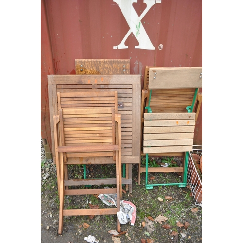 3 - A SELECTION OF FOLDING HARDWOOD GARDEN FURNITURE including a folding table with two matching chairs ... 