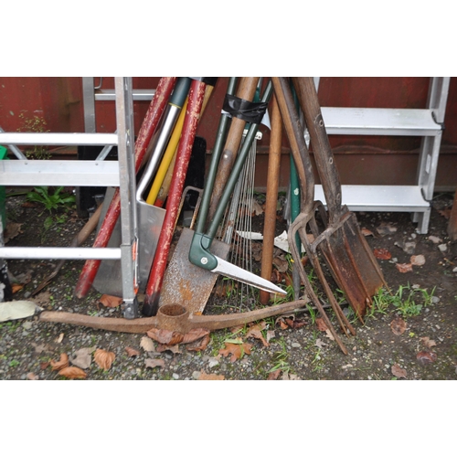 5 - A COLLECTION OF GARDEN TOOLS AND ALUMINIUM STEPS including forks, rakes, spades, lawn clippers etc