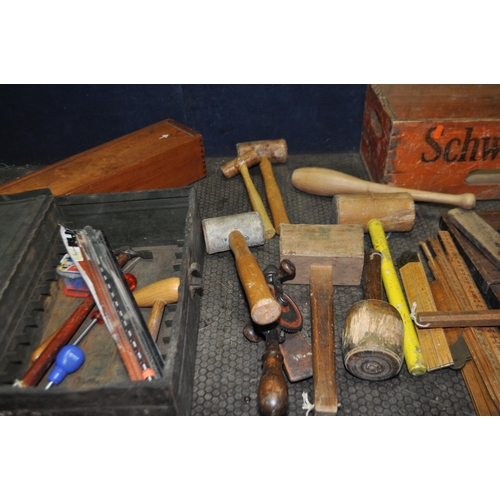 53 - A TRAY, A WOODEN CRATE, A METAL BOX CONTAINING TOOLS including three hide mallets, carving mallets, ... 