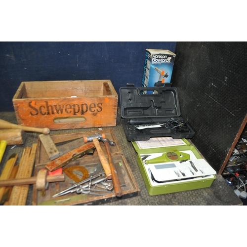 53 - A TRAY, A WOODEN CRATE, A METAL BOX CONTAINING TOOLS including three hide mallets, carving mallets, ... 