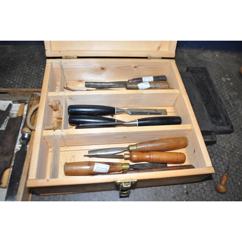 55 - A WOODEN BOX AND TWO TRAYS CONTAINING WOOD CHISELS AND GOUGES by Marples, Stanley, Spear and Jackson... 