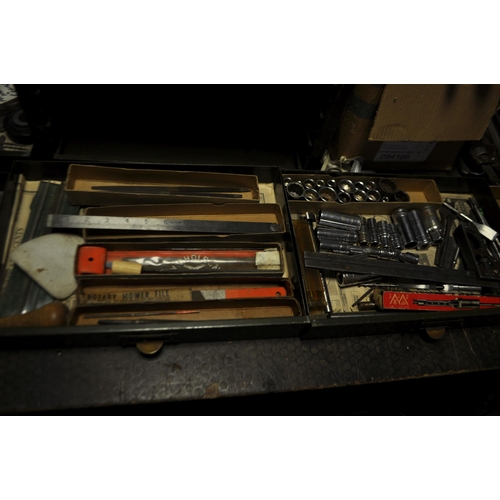 57 - A METAL FILE DRAWER, AN AMMO BOX AND A BOX CONTAINING ENGINEERING TOOLS including hammers, mallets, ... 