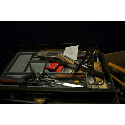 57 - A METAL FILE DRAWER, AN AMMO BOX AND A BOX CONTAINING ENGINEERING TOOLS including hammers, mallets, ... 