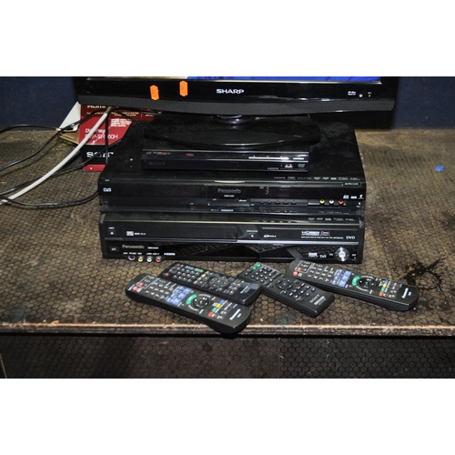 64 - A SHARP LC-22XDV200E 22in TV WITH REMOTE, a Sony DVD player with remote, a Panasonic DVD/HDD recorde... 