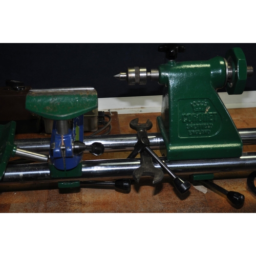 71 - A CORONET NO.3 WOODTURNING LATHE ON A BESPOKE METAL STAND with 3 tool rests, bowl attachment, etc , ... 