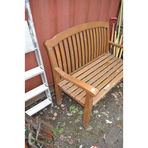 8 - A VARNISHED HARDWOOD BENCH badged 'MESCH' to rear, width 117cm Condition Report: some finish losses