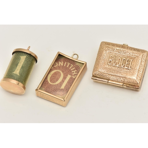 401 - THREE BANKNOTE MONEY CHARMS, the first a 9ct gold hinged 'Budget' box, containing a Ten Shillings ba... 