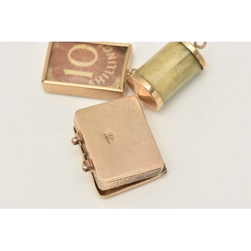 401 - THREE BANKNOTE MONEY CHARMS, the first a 9ct gold hinged 'Budget' box, containing a Ten Shillings ba... 