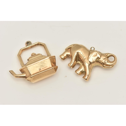 402 - TWO 9CT GOLD CHARMS, hollow charms one in the form of an elephant the other a teapot, both with full... 