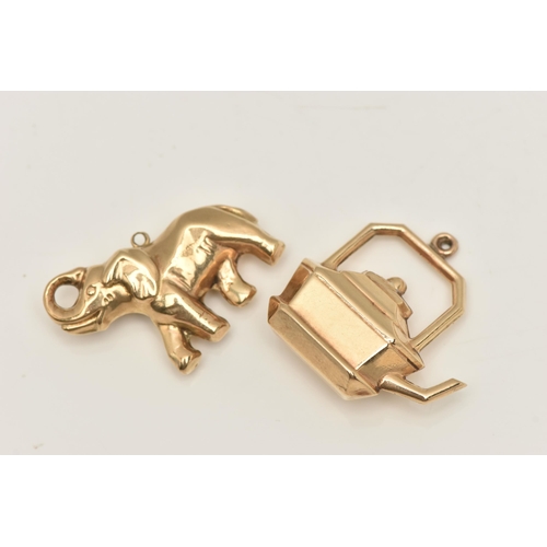 402 - TWO 9CT GOLD CHARMS, hollow charms one in the form of an elephant the other a teapot, both with full... 