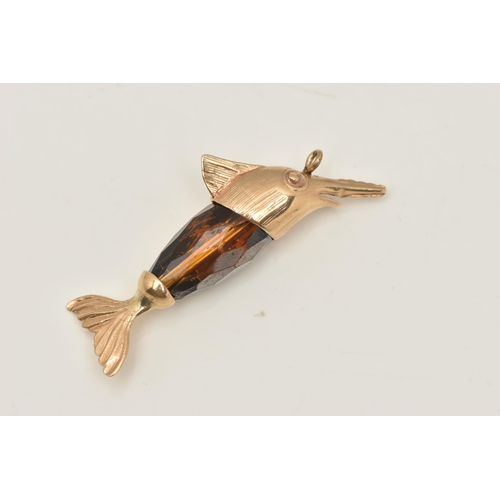 403 - A 9CT GOLD SWORD FISH CHARM, faceted brown paste body mounted with a 9ct gold head and tail, hallmar... 