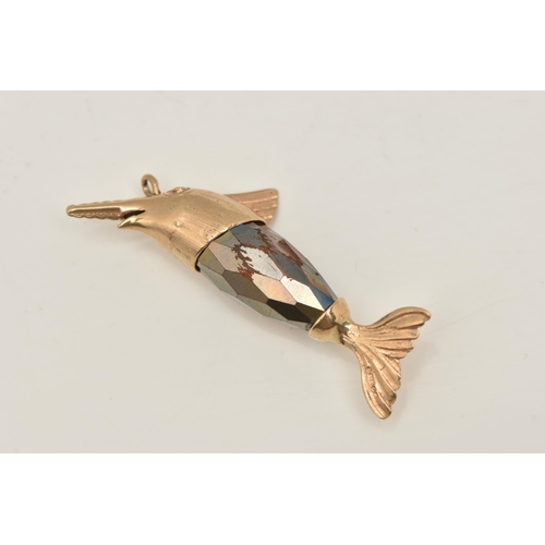 403 - A 9CT GOLD SWORD FISH CHARM, faceted brown paste body mounted with a 9ct gold head and tail, hallmar... 