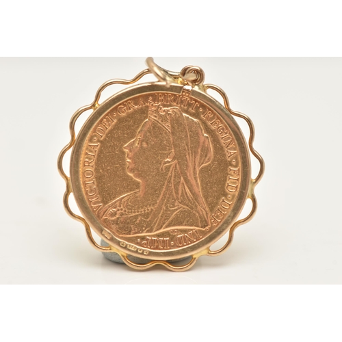 407 - A MOUNTED VICTORIAN FULL GOLD SOVEREIGN COIN, depicting Queen Victoria, dated 1898, Melbourne Mint, ... 