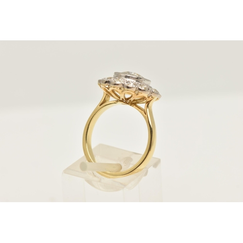 414 - AN 18CT GOLD DIAMOND CLUSTER RING, collet set with a central old cut diamond, spreads approximately ... 