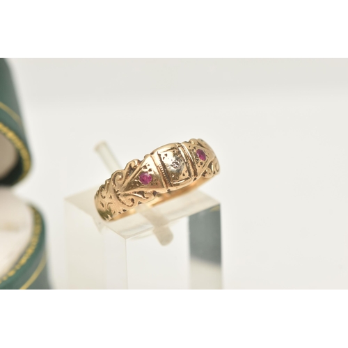 415 - A 9CT GOLD GEM SET RING, set to the centre with a small single cut diamond, flanked with two small c... 