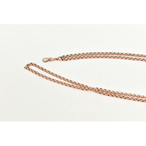 428 - A LONGUARD CHAIN, a rose metal belcher chain, fitted with a single lobster clasp, approximate length... 