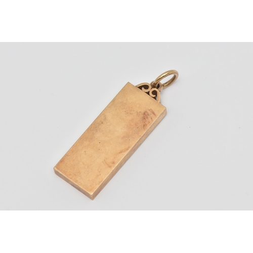 435 - A 1oz 9CT GOLD INGOT PENDANT, a rectangular form pendant engraved 1 oz, hallmarked 9ct Birmingham 19... 