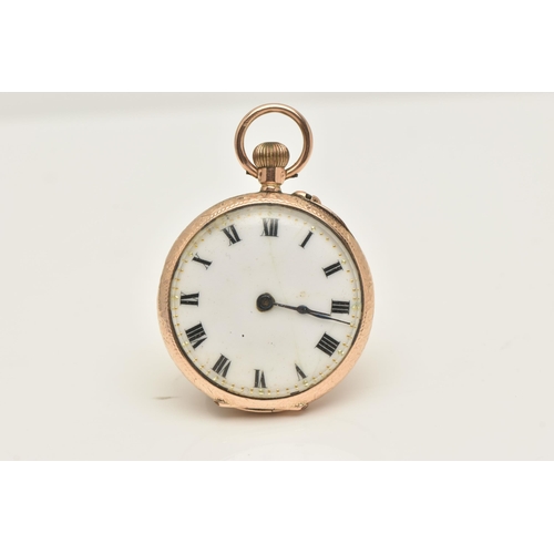 442 - A 9CT GOLD LADIES OPEN FACE POCKET WATCH, hand wound movement, round white dial unsigned, Roman nume... 