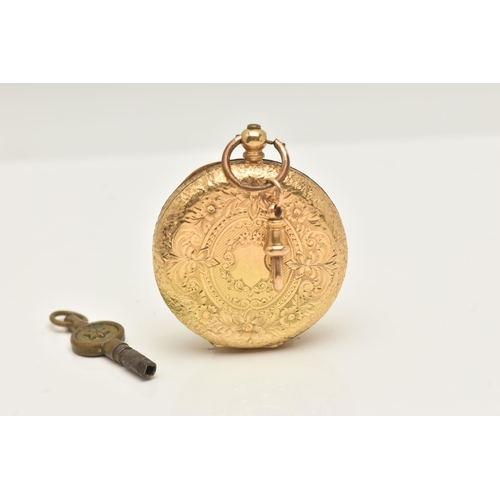 443 - A LADIES YELLOW METAL OPEN FACE POCKET WATCH, key wound movement, round dial signed 'H. J. Norris', ... 