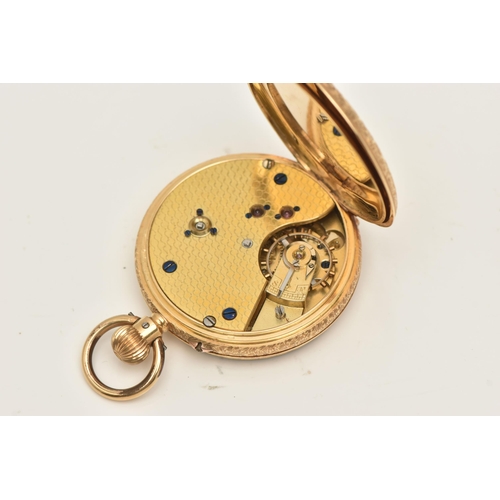 444 - A LADIES YELLOW METAL OPEN FACE POCKET WATCH, hand wound movement, round floral dial unsigned, Roman... 