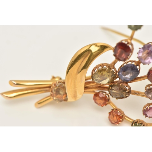 445 - A MULTI GEM SET FLORAL SPRAY BROOCH, a yellow metal brooch, prong set with assorted oval and circula... 