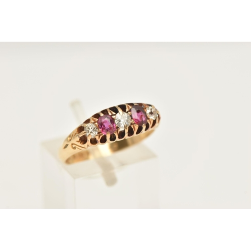 448 - AN EARLY 20TH CENTURY RUBY AND DIAMOND RING, two oval cut rubies interspaced between three old cut d... 