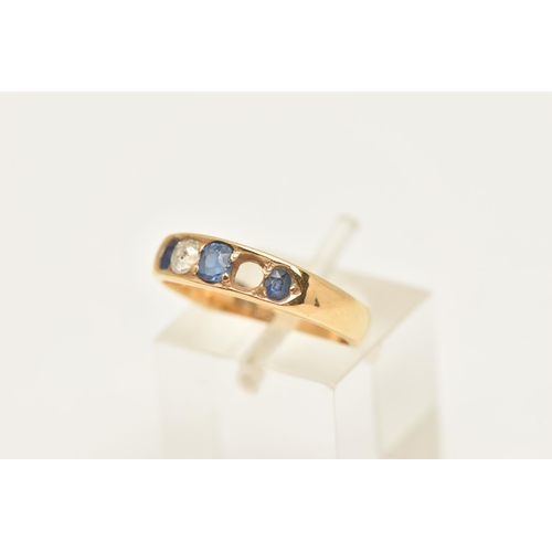 452 - AN EARLY 20TH CENTURY GEM SET BAND RING, three oval cut sapphires and one old cut diamond (one diamo... 