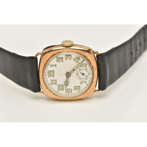 456 - AN EARLY 20TH CENTURY 9CT GOLD WRISTWATCH, hand wound movement, round white dial, Arabic numerals, s... 