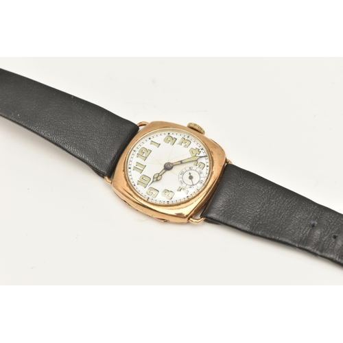 456 - AN EARLY 20TH CENTURY 9CT GOLD WRISTWATCH, hand wound movement, round white dial, Arabic numerals, s... 