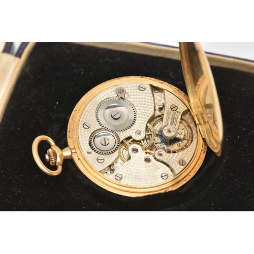 459 - AN EARLY 20TH CENTURY 18CT GOLD HALF HUNTER POCKET WATCH, hand wound movement, round unsigned dial, ... 