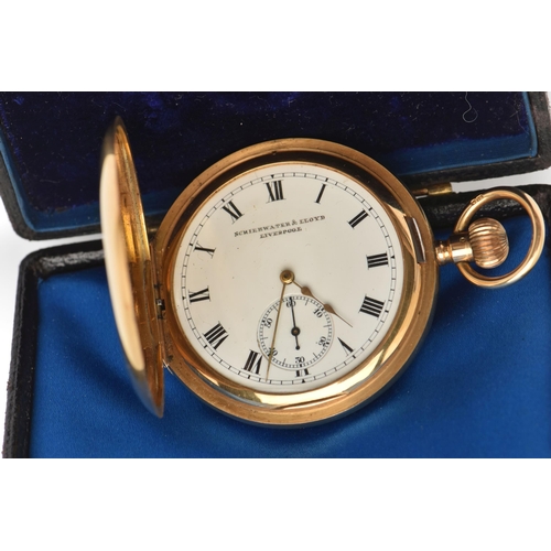 460 - AN EARLY 20TH CENTURY 18CT GOLD HALF HUNTER POCKET WATCH, hand wound movement, round dial signed 'Sc... 