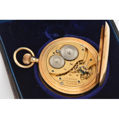 460 - AN EARLY 20TH CENTURY 18CT GOLD HALF HUNTER POCKET WATCH, hand wound movement, round dial signed 'Sc... 