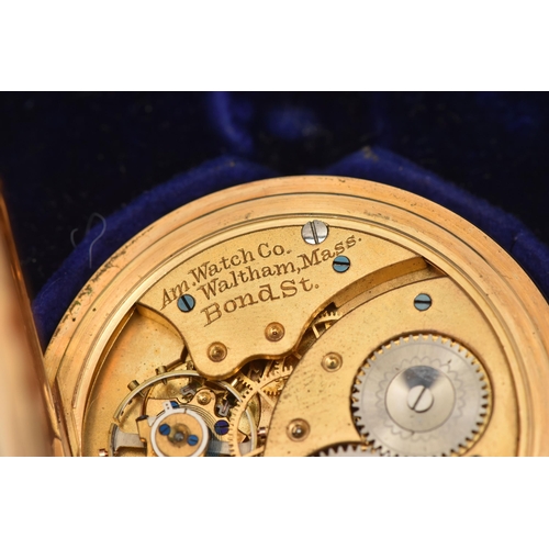 460 - AN EARLY 20TH CENTURY 18CT GOLD HALF HUNTER POCKET WATCH, hand wound movement, round dial signed 'Sc... 