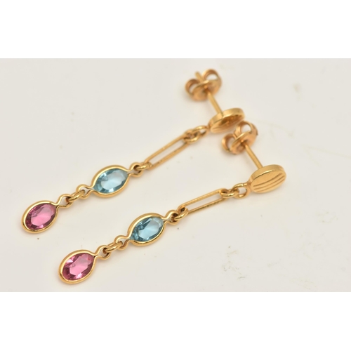 467 - A PAIR OF YELLOW METAL DROP EARRINGS, chain drops each set with a blue and pink paste, to the post a... 