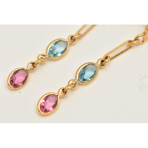 467 - A PAIR OF YELLOW METAL DROP EARRINGS, chain drops each set with a blue and pink paste, to the post a... 