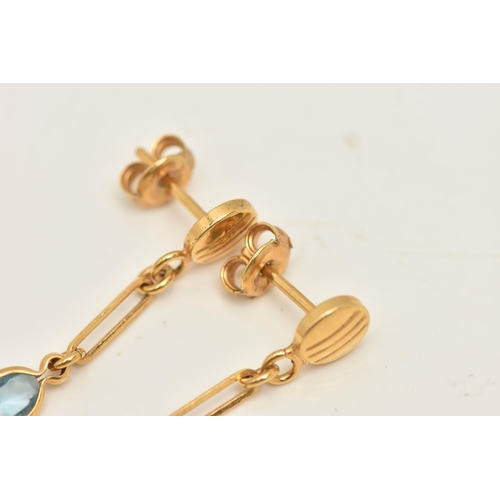 467 - A PAIR OF YELLOW METAL DROP EARRINGS, chain drops each set with a blue and pink paste, to the post a... 