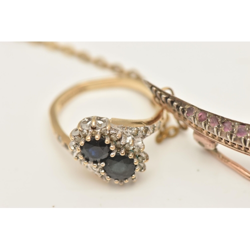 469 - THREE ITEMS OF JEWELLERY, to include a 9ct gold sapphire and diamond double cluster ring, two cluste... 