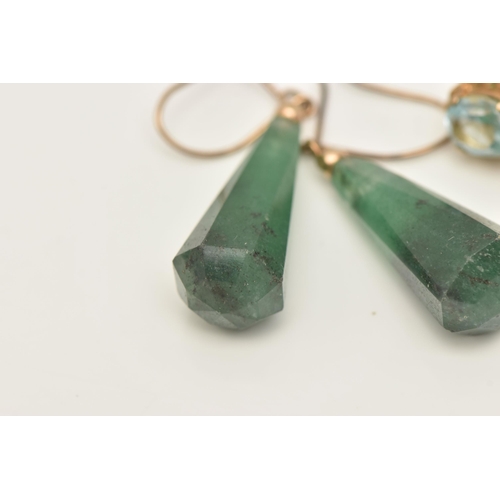 470 - THREE ITEMS OF JEWELLERY, to include a pair of faceted aventurine drop earrings, to the gold plated ... 