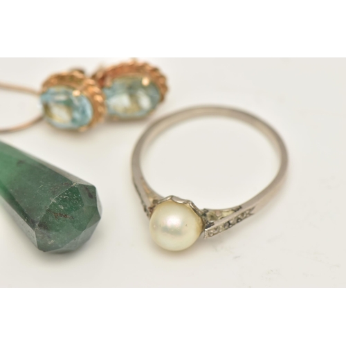 470 - THREE ITEMS OF JEWELLERY, to include a pair of faceted aventurine drop earrings, to the gold plated ... 