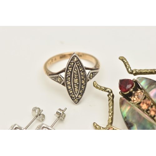 472 - THREE ITEMS OF JEWELLERY, to include a yellow and white metal marcasite set ring, stamped 9ct Silver... 