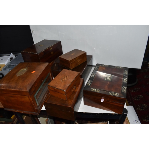 858 - A GROUP OF VARIOUS WOODEN BOXES, to include a workbox with mother of pearl inlaid decoration to the ... 