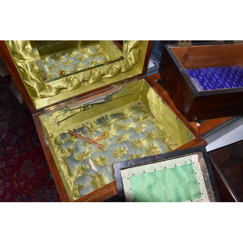 858 - A GROUP OF VARIOUS WOODEN BOXES, to include a workbox with mother of pearl inlaid decoration to the ... 