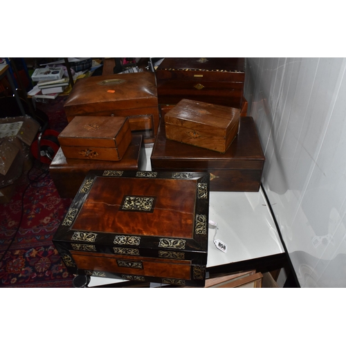 858 - A GROUP OF VARIOUS WOODEN BOXES, to include a workbox with mother of pearl inlaid decoration to the ... 