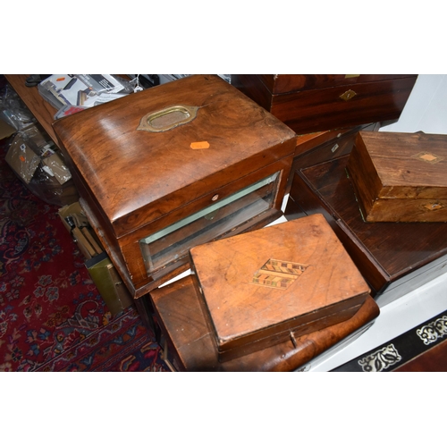 858 - A GROUP OF VARIOUS WOODEN BOXES, to include a workbox with mother of pearl inlaid decoration to the ... 