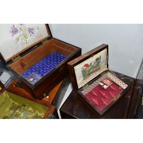 858 - A GROUP OF VARIOUS WOODEN BOXES, to include a workbox with mother of pearl inlaid decoration to the ... 