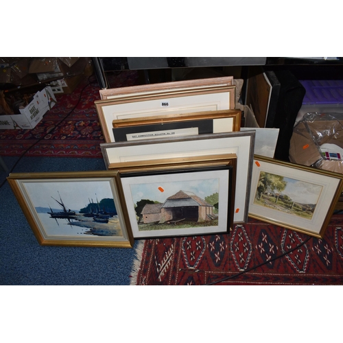 860 - A QUANTITY OF PICTURES AND PRINTS ETC, to include an oil on board depicting boats at low tide signed... 