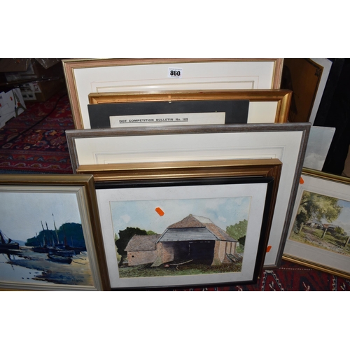 860 - A QUANTITY OF PICTURES AND PRINTS ETC, to include an oil on board depicting boats at low tide signed... 